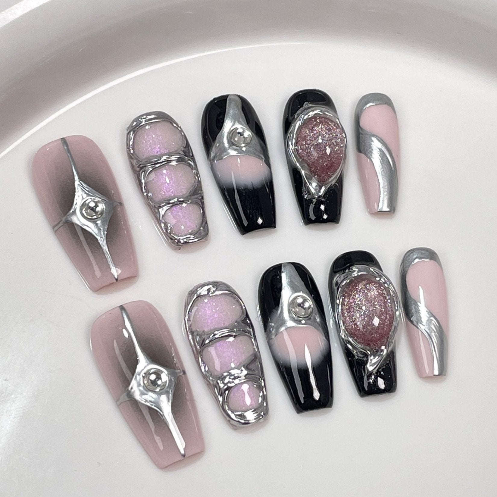 Faux Ongles Rose Nude Noir Chrome Argent Gem Glitter AE Spicy Faux Ongles Rose Nude Noir Chrome Argent Gem Glitter AE Spicy