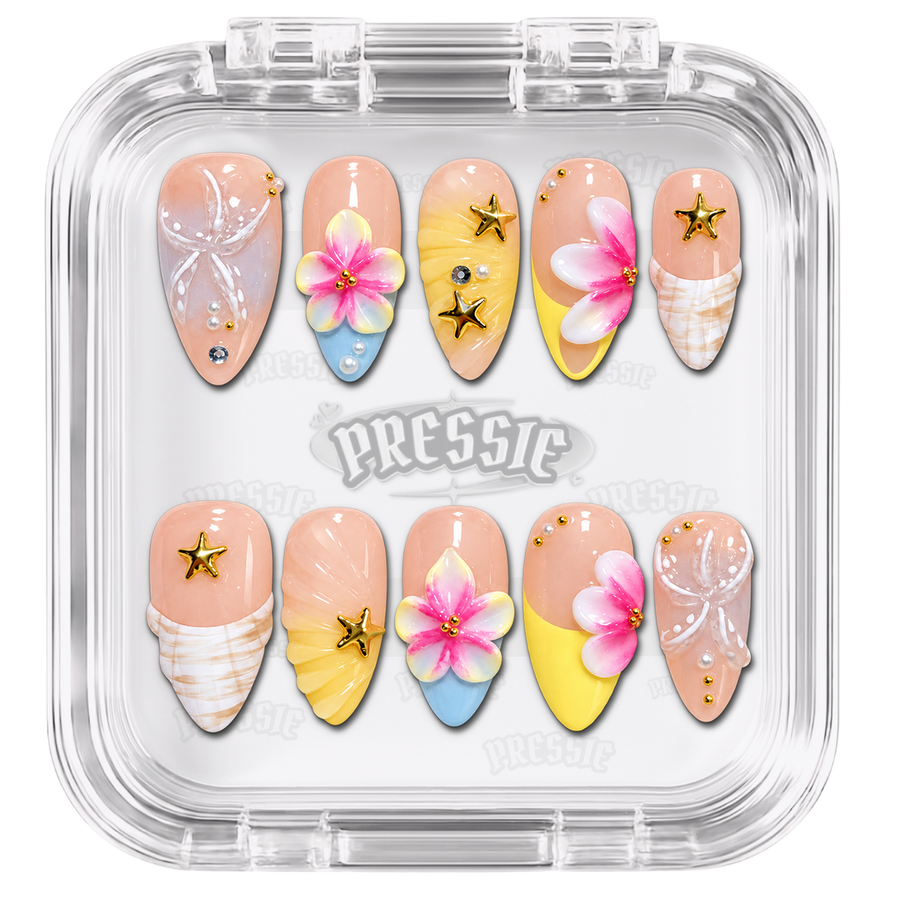 Faux ongles pastel à fleurs et étoiles en relief, présentés dans leur boîte Pressie Nails — Mery. @product