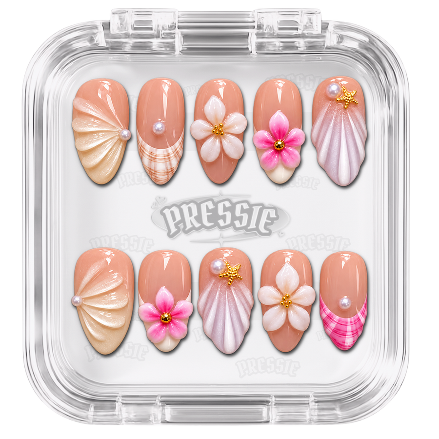 Faux ongles nude à fleurs en relief et détails dorés, présentés dans leur boîte Pressie Nails — Vanilla Flora. @product