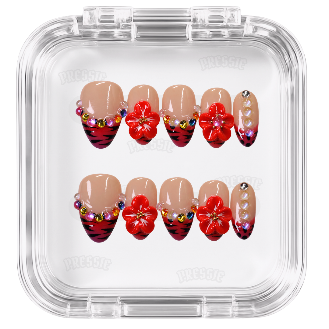 Faux ongles nude fleurs rouges strass | Samya — PRESSIE NAILS