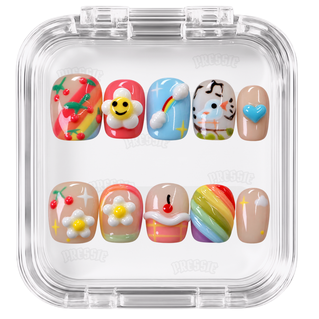 Faux ongles kawaii multicolores 3D | Maria Niji — PRESSIE NAILS
