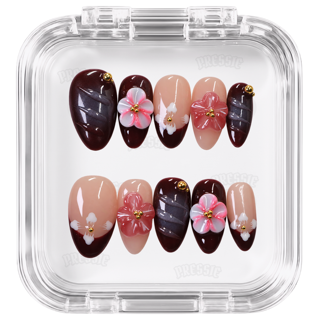 Faux ongles bordeaux fleurs 3D french | Kurobi — PRESSIE NAILS