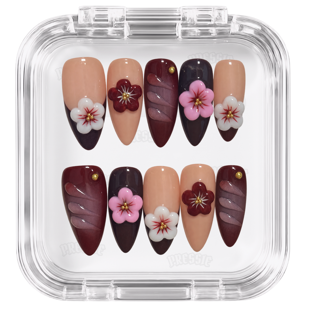Faux ongles marron fleurs 3D | Aki Brown — PRESSIE NAILS