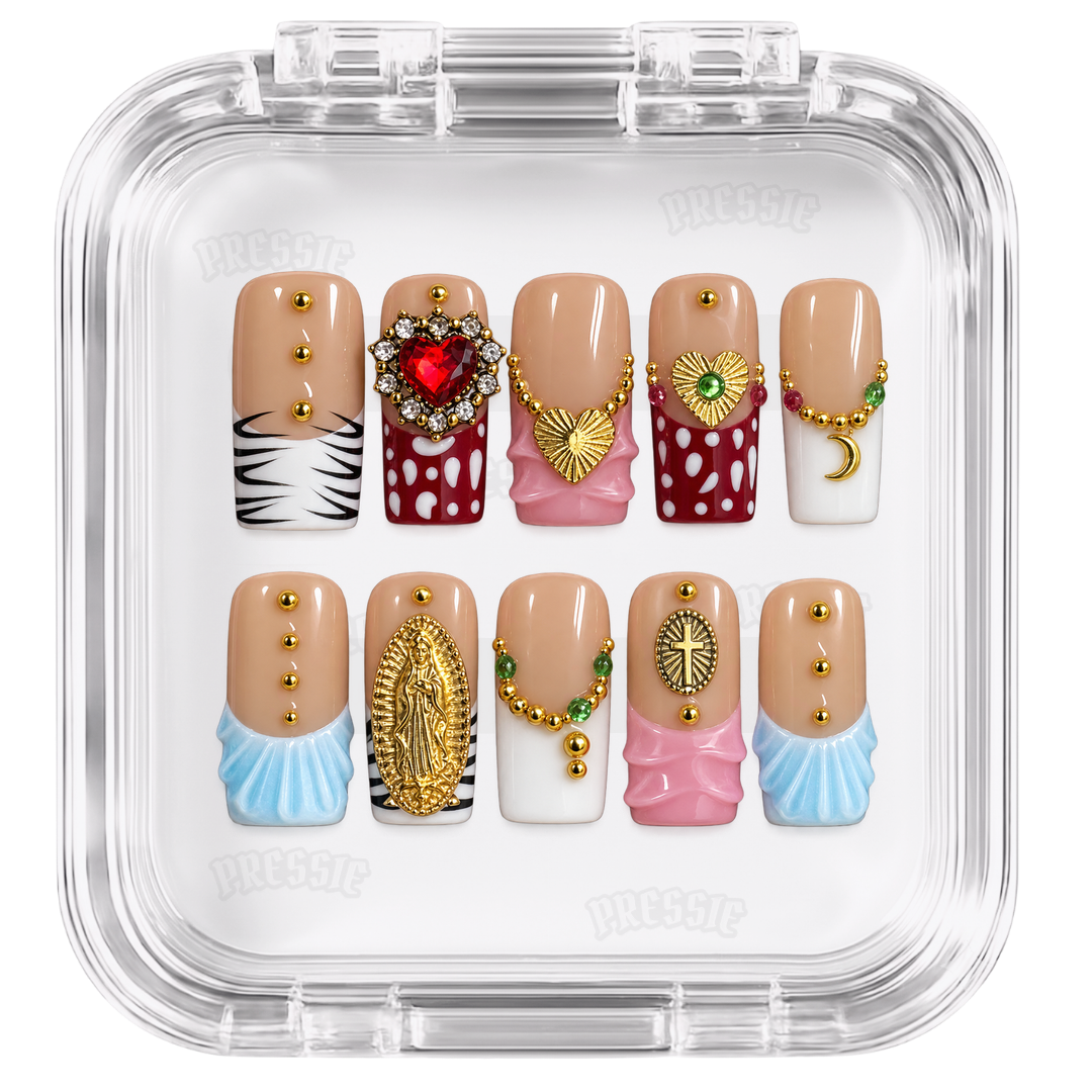 Faux ongles nude bijoux dorés cœur rouge | Accendio — PRESSIE NAILS