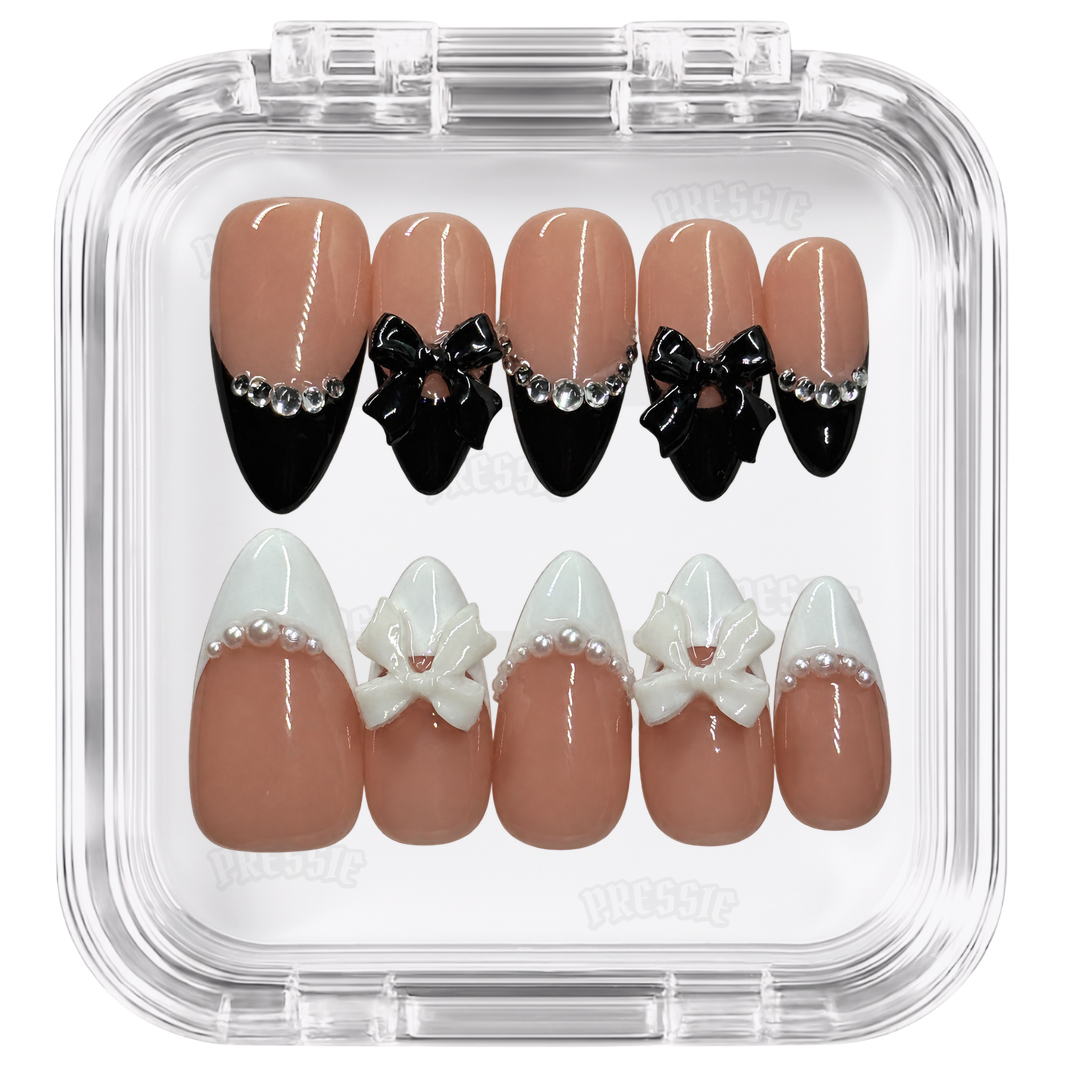 Faux ongles noir blanc nœuds perles | Black Swan — PRESSIE NAILS