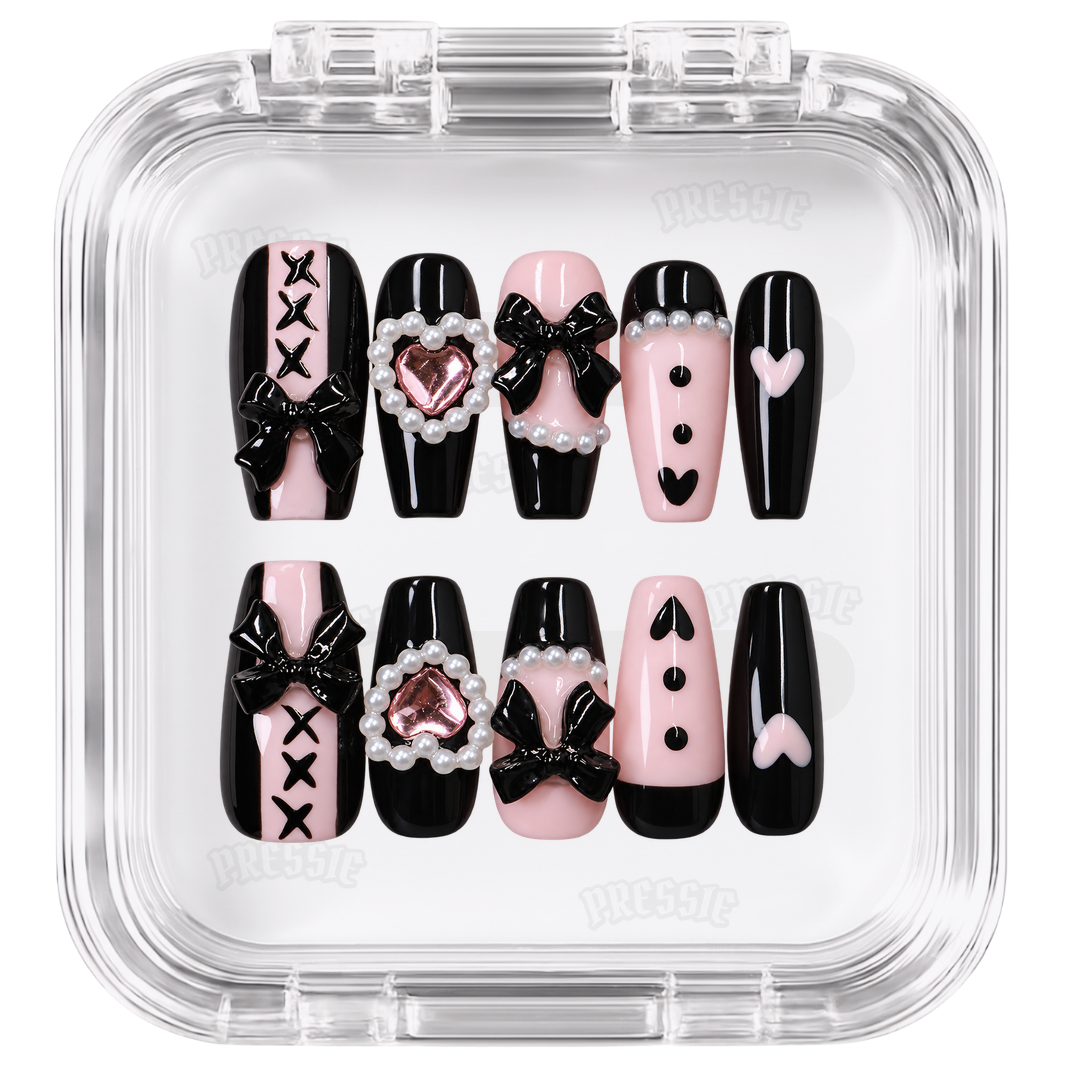 Faux ongles noir rose nœuds cœur strass | Yaoko — PRESSIE NAILS
