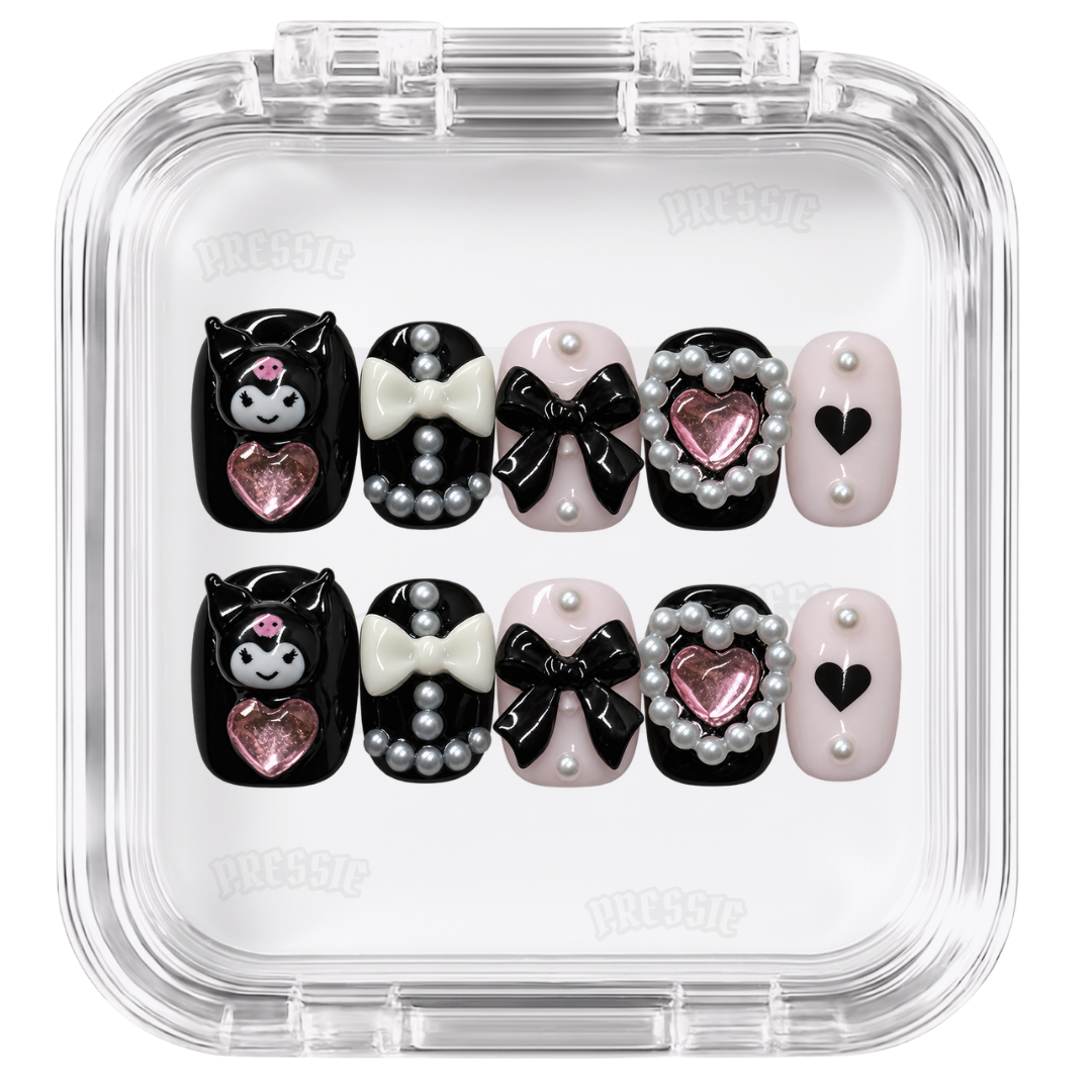 Faux ongles kawaii noir rose cœurs | Mini Kitty Cat — PRESSIE NAILS