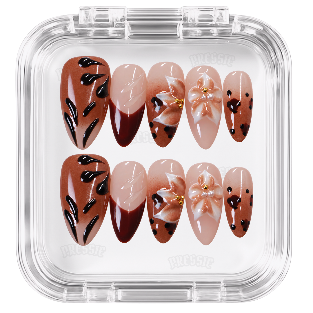 Faux ongles marron chocolat fleurs 3D | Chokoreto — PRESSIE NAILS