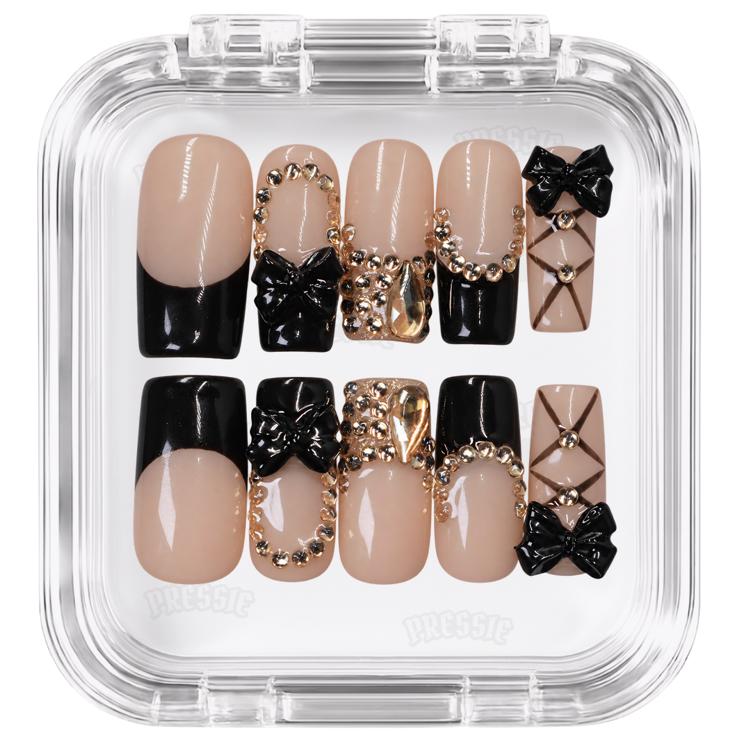 Faux ongles noir nude nœuds strass | Eleganza — PRESSIE NAILS