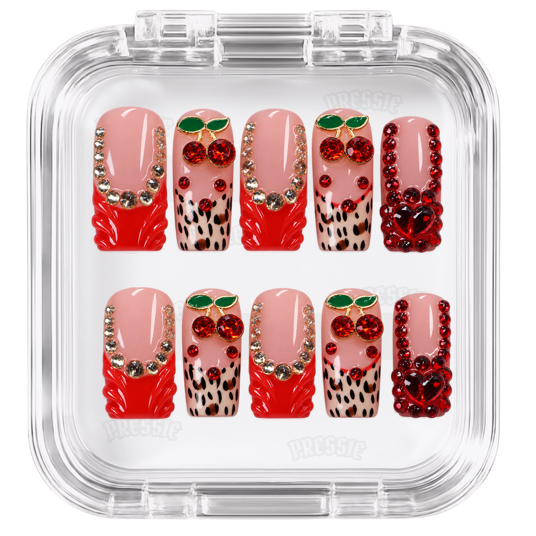Faux ongles rose cerises léopard strass rouges | Reopardo — PRESSIE NAILS