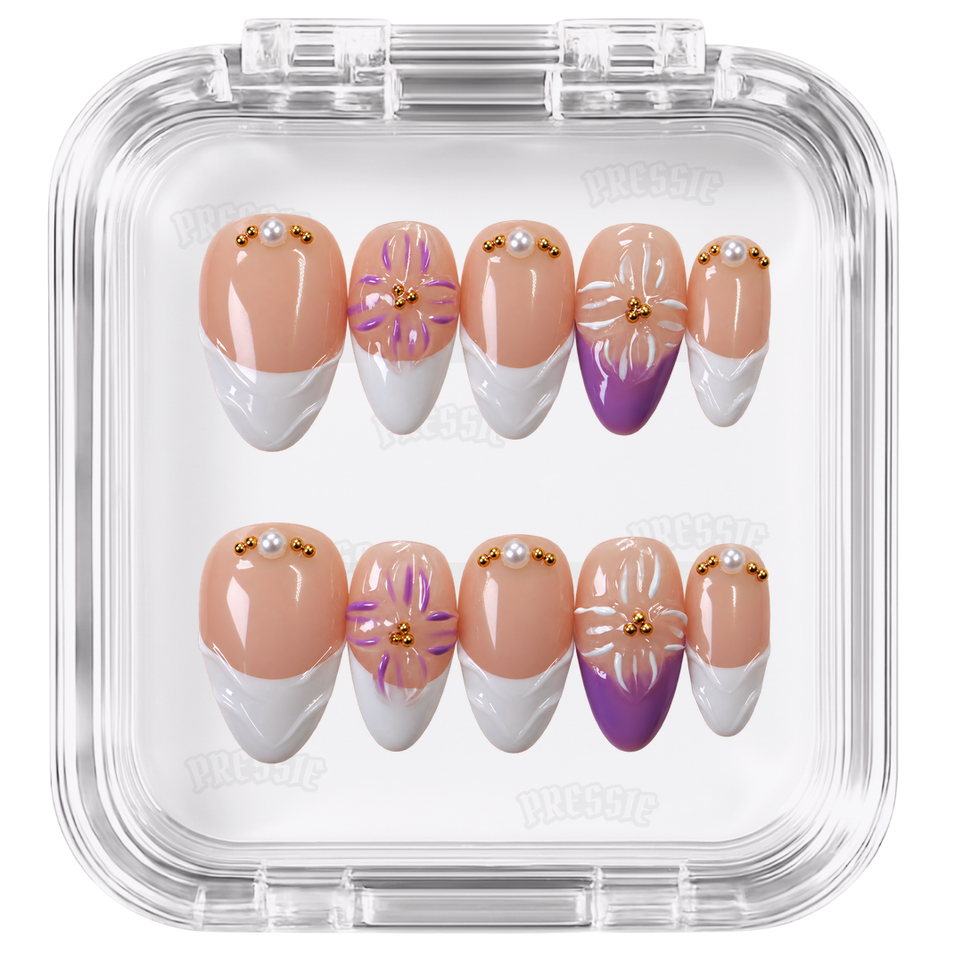 Faux ongles nude fleurs 3D french blanche | Raiponce — PRESSIE NAILS