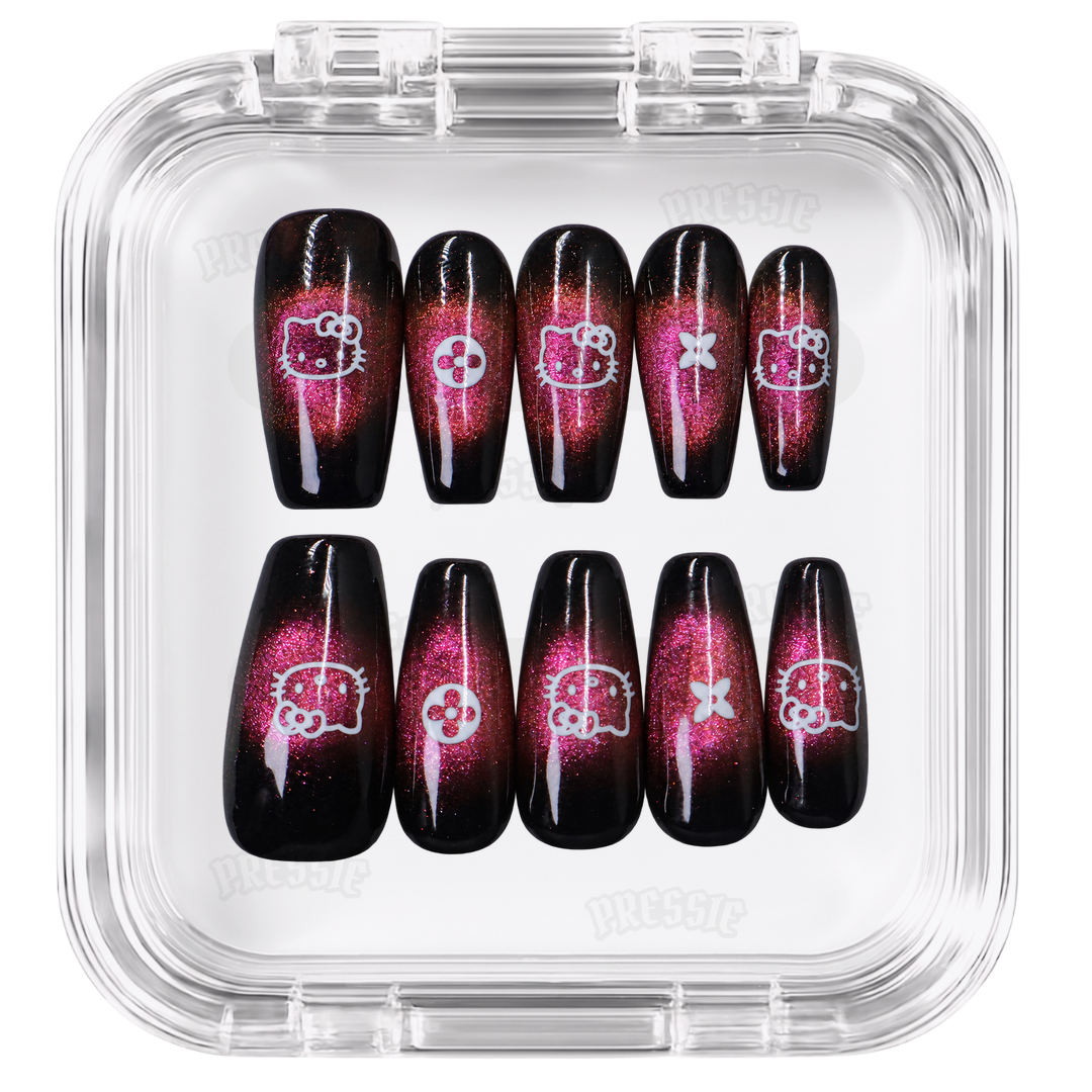 Faux ongles noir rose cat-eye kawaii | Kitty Chan — PRESSIE NAILS