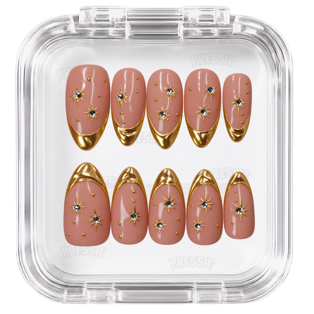 Faux ongles nude french dorée étoiles | Hoshi French — PRESSIE NAILS