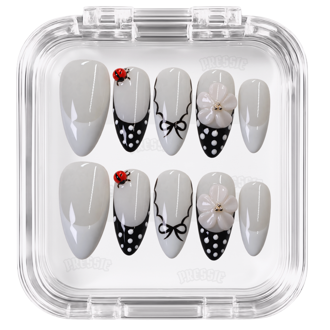 Faux ongles noir blanc pois fleurs | Miraculousa — PRESSIE NAILS