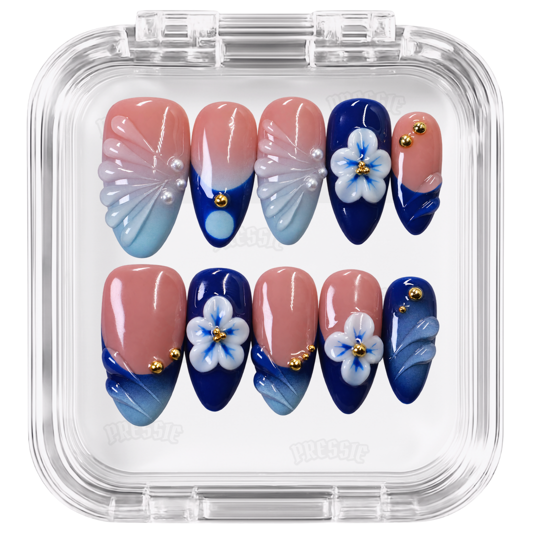 Faux ongles bleu fleurs 3D perles | Oceana — PRESSIE NAILS