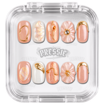 Faux ongles nude pêche fleurs nacrées doré | Billiana — PRESSIE NAILS