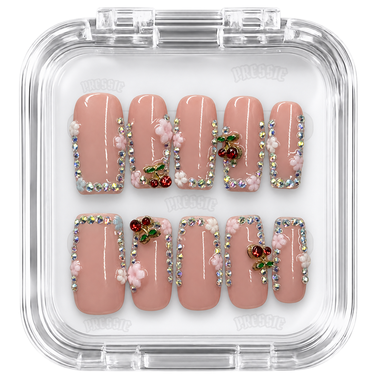 Faux ongles longs carrés beige à motif cerise et strass – Sparkly Cherry