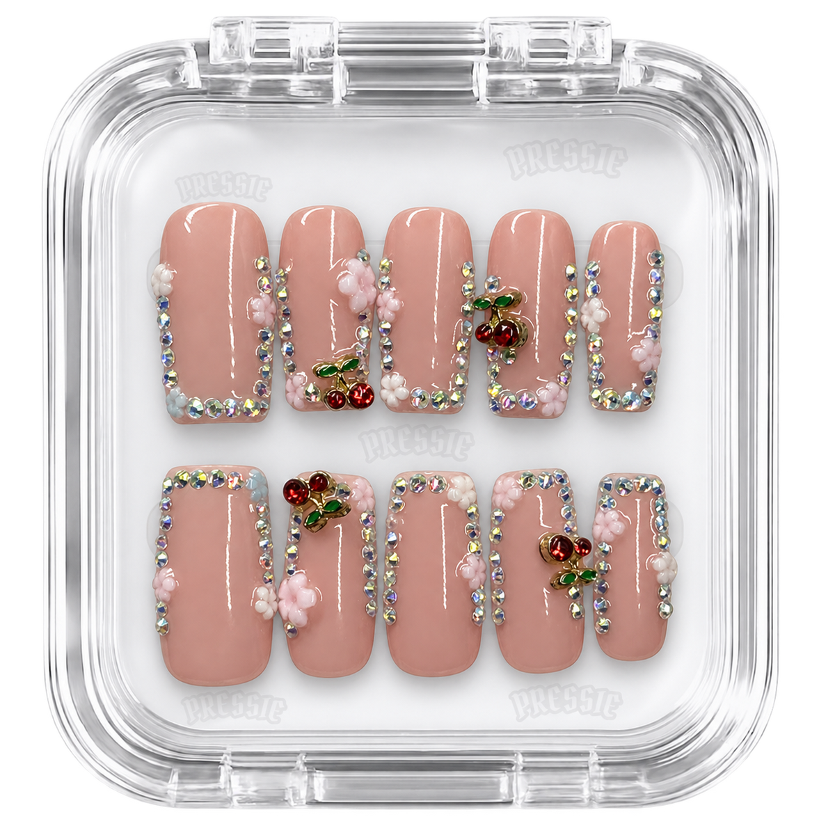 Faux ongles longs carrés beige à motif cerise et strass – Sparkly Cherry