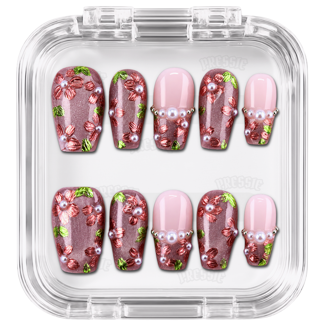 Faux ongles nude rose fleurs 3D perles | Anastasia — PRESSIE NAILS
