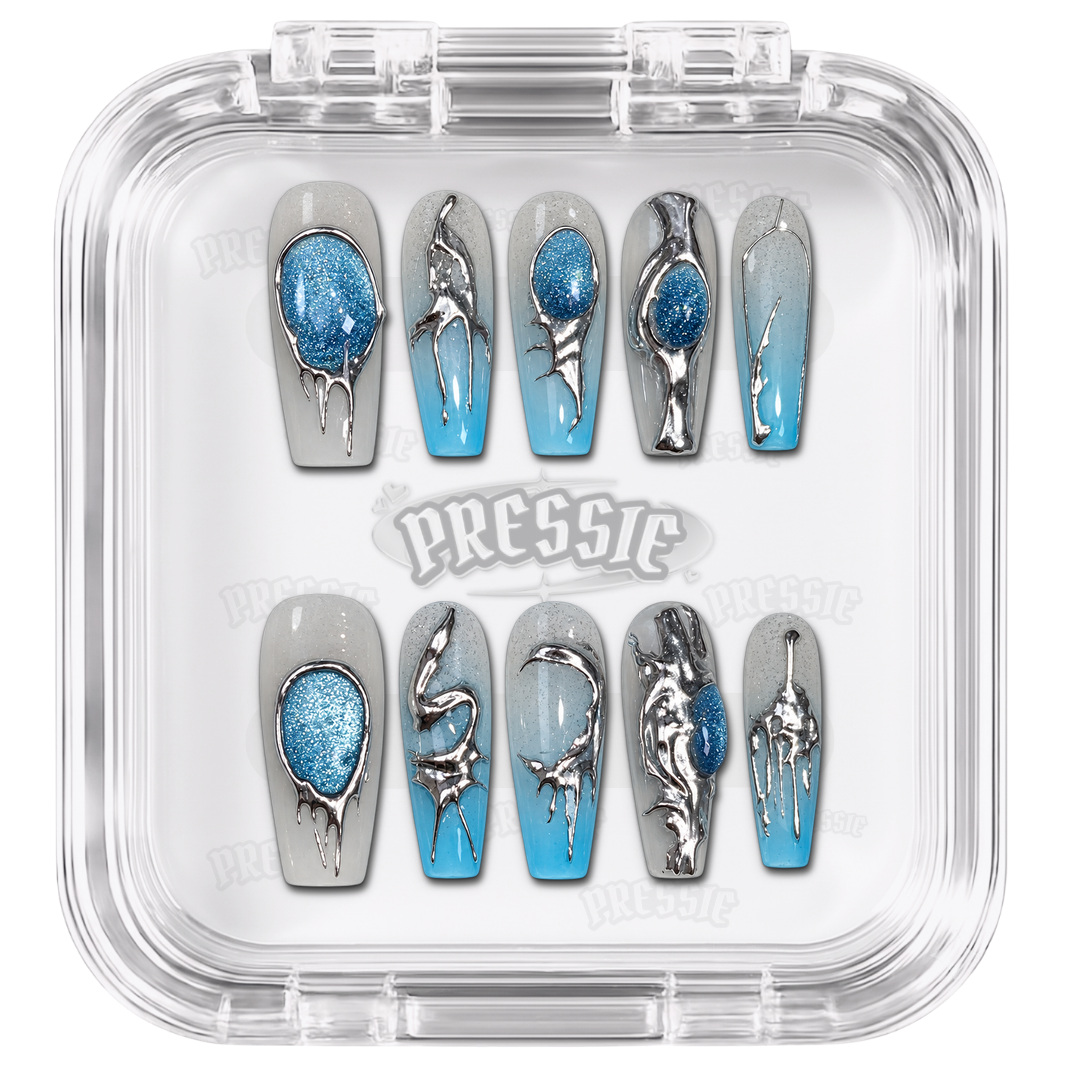 Faux ongles bleu glacé chrome argent –  Ae-Next Level | Pressie Nails