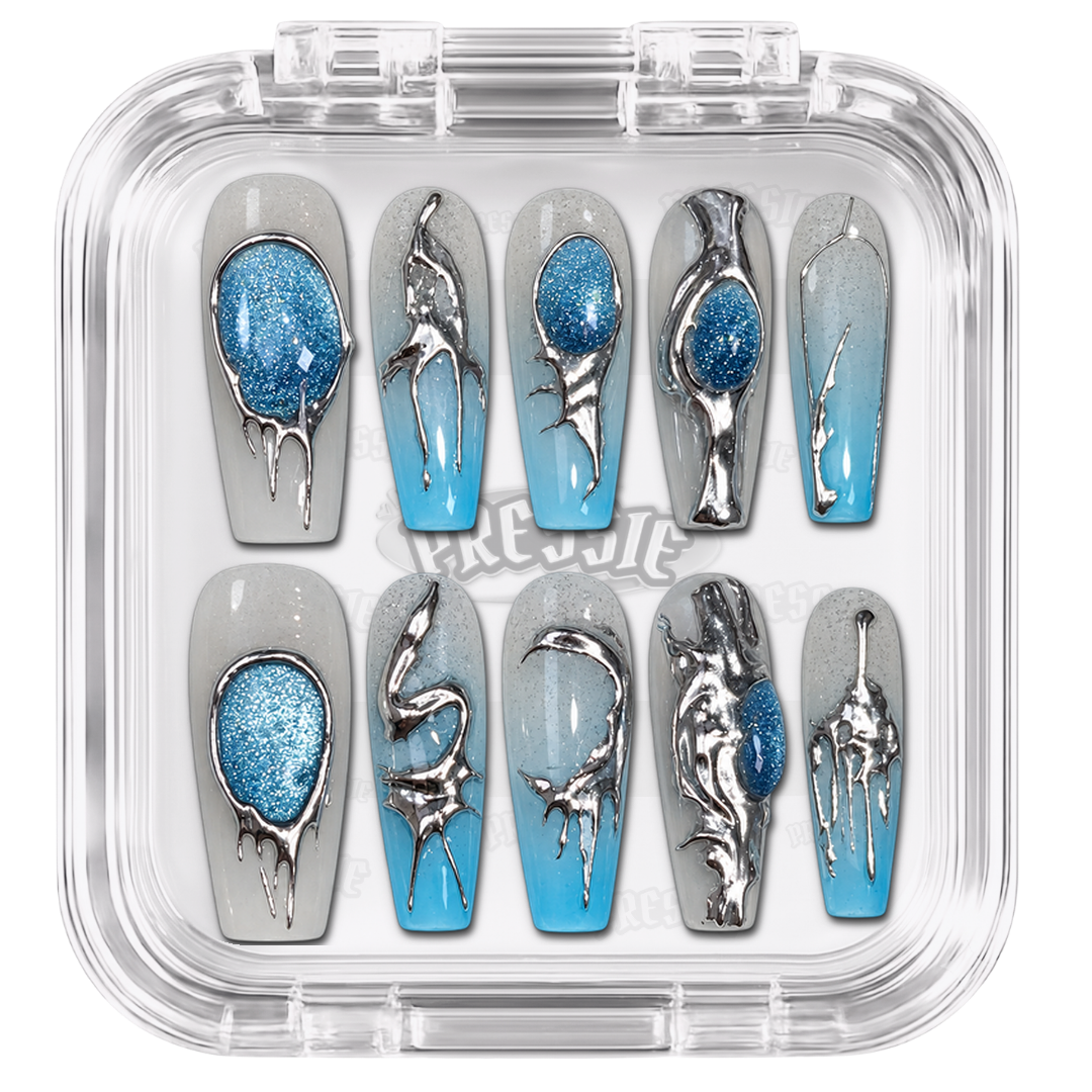 Faux ongles bleu glacé chrome argent –  Ae-Next Level | Pressie Nails