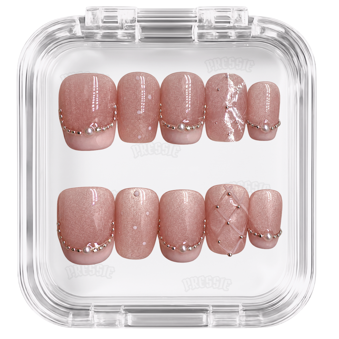 Faux ongles rose poudré perles courts | Pink Dive — PRESSIE NAILS