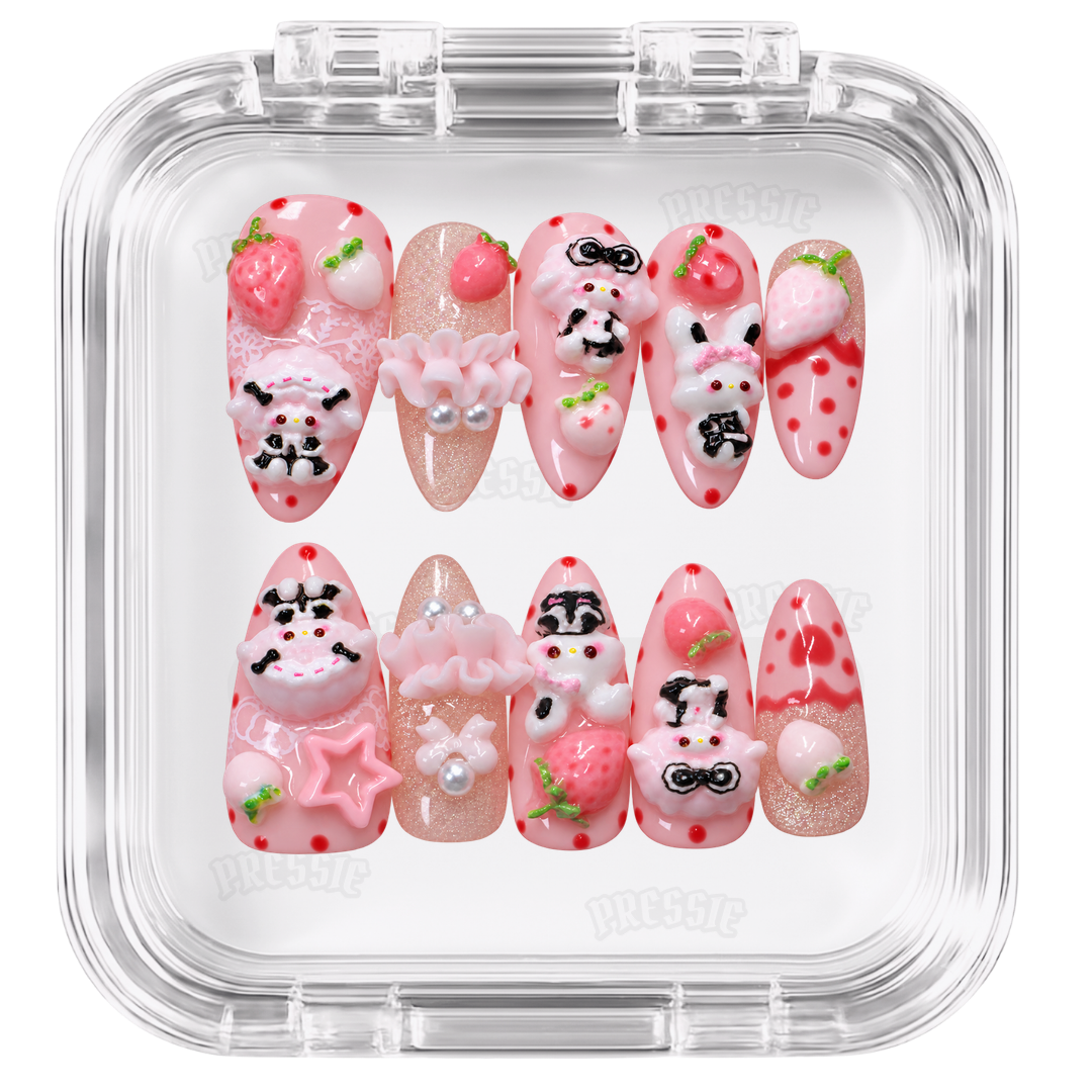 Faux ongles kawaii lapins fraises 3D | Pinku No Usagi — PRESSIE NAILS