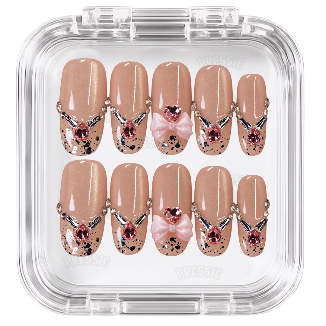 Faux ongles rose strass nœud 3D | Princesa Pinku — PRESSIE NAILS