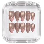 Faux ongles taupe chrome perles nœud 3D | Elegante — PRESSIE NAILS