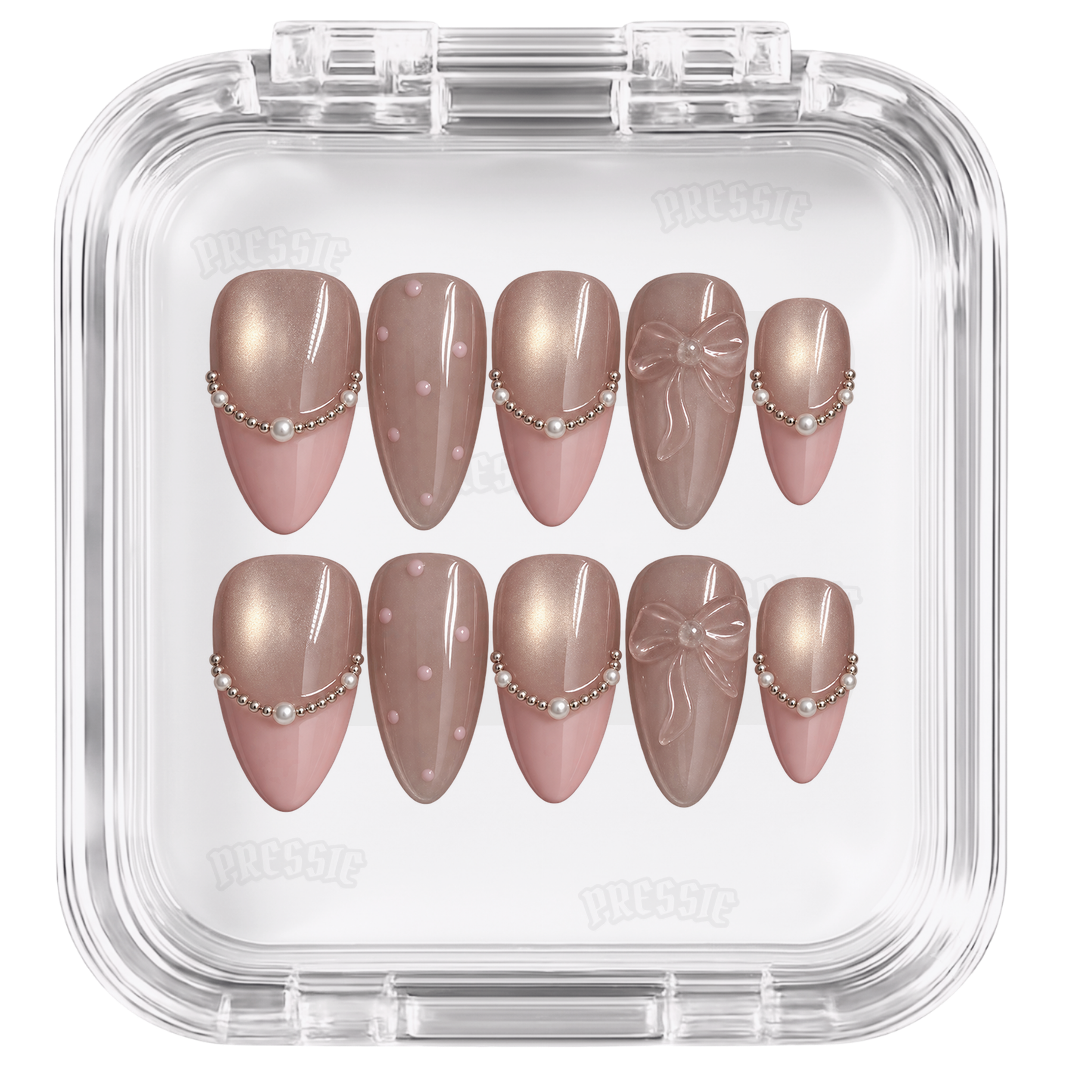 Faux ongles taupe chrome perles nœud 3D | Elegante — PRESSIE NAILS