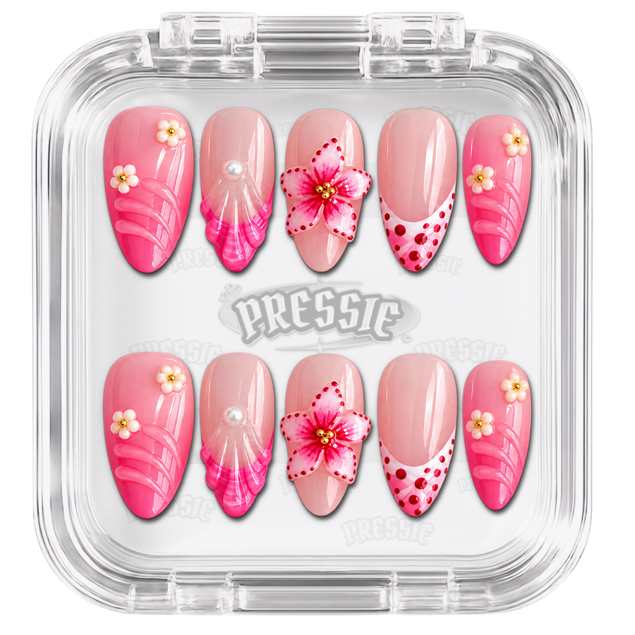 Faux ongles roses à motifs floraux et décors en relief, présentés dans leur boîte Pressie Nails — Fensé. @product