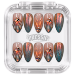 Faux ongles roses et cuivrés à motifs de coquillages et détails brillants, présentés dans leur boîte Pressie Nails — Shelly. @product