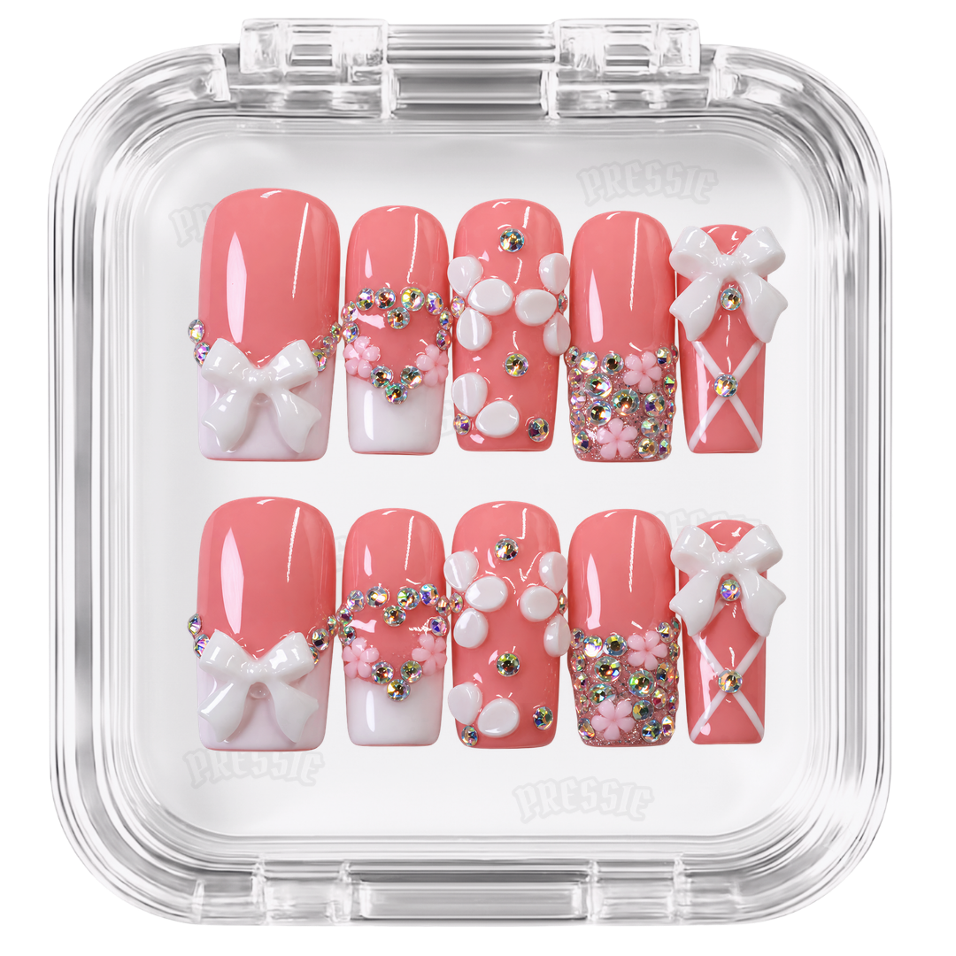 Faux ongles rose nœuds 3D strass | Baddie Pinku — PRESSIE NAILS
