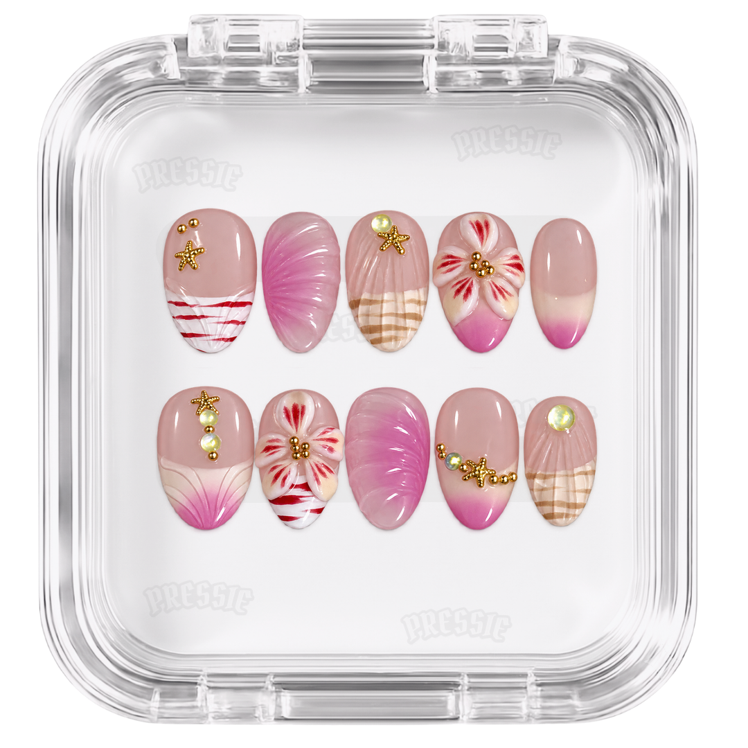 Faux ongles rose tropicaux coquillages bijoux | Pink Tahiti — PRESSIE NAILS