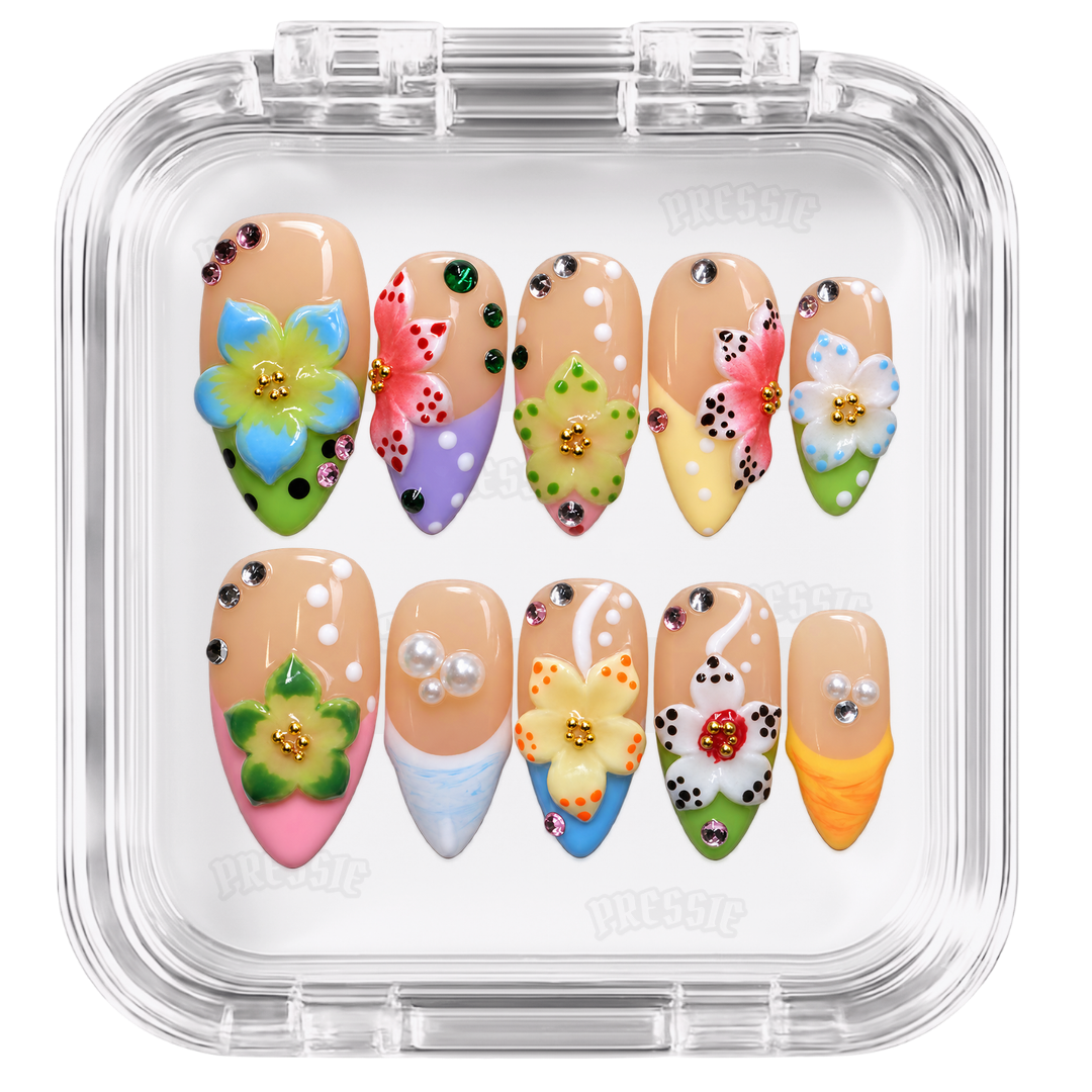 Faux ongles multicolores fleurs 3D tropicaux | Janguru — PRESSIE NAILS