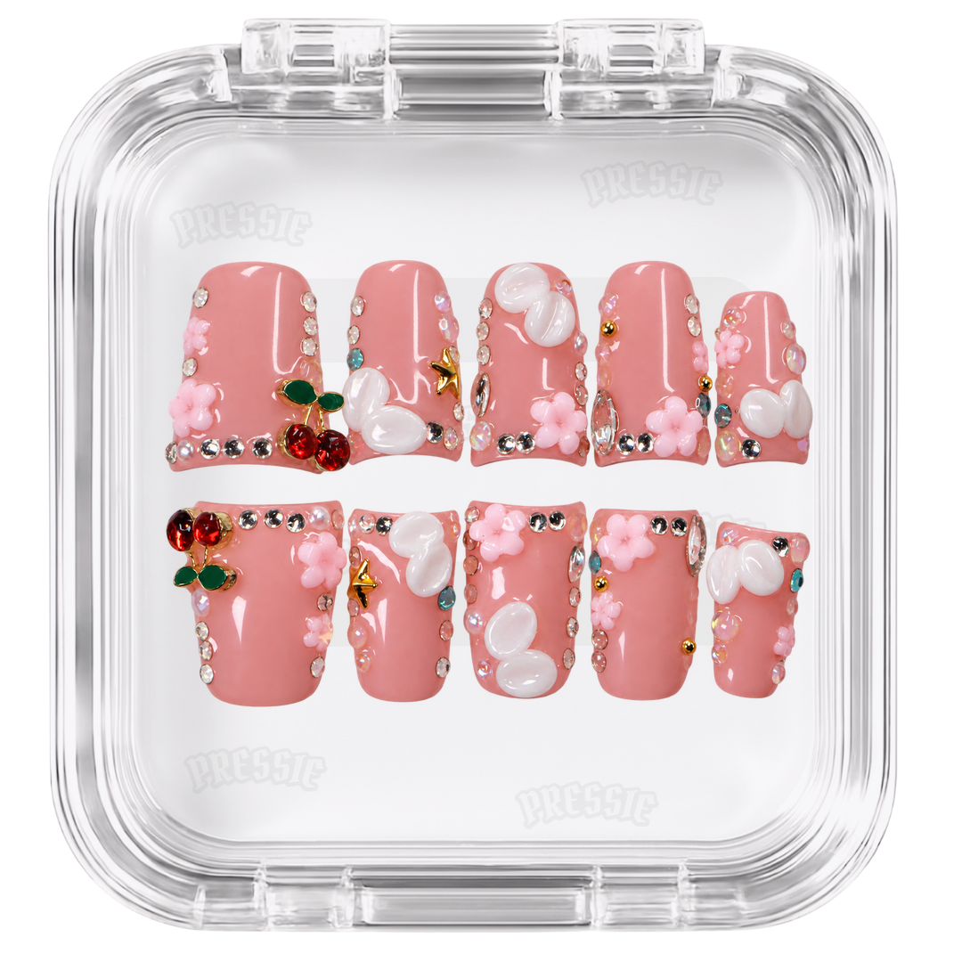 Faux ongles rose cerises fleurs 3D | Cherry Sakura — PRESSIE NAILS