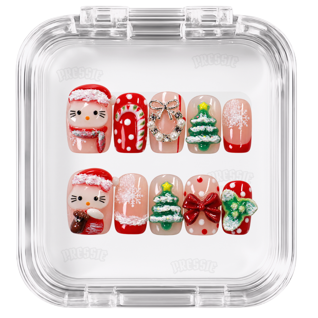 Faux ongles Noël chat kawaii 3D | Kitty Kurisumasu — PRESSIE NAILS