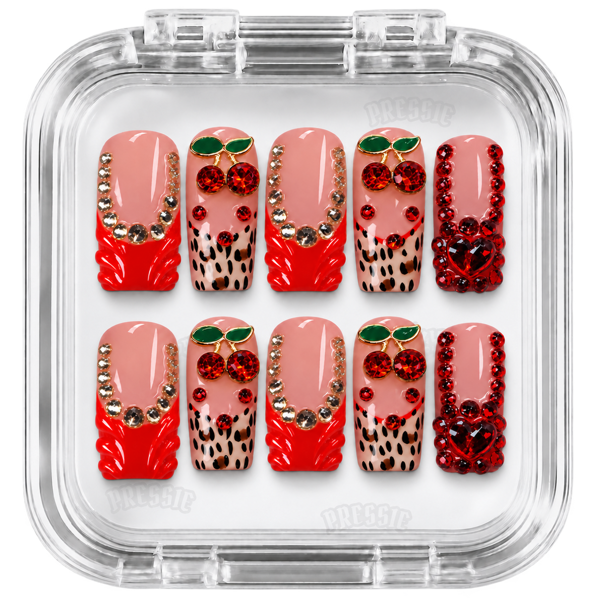 Faux ongles rose cerises léopard strass rouges | Reopardo — PRESSIE NAILS