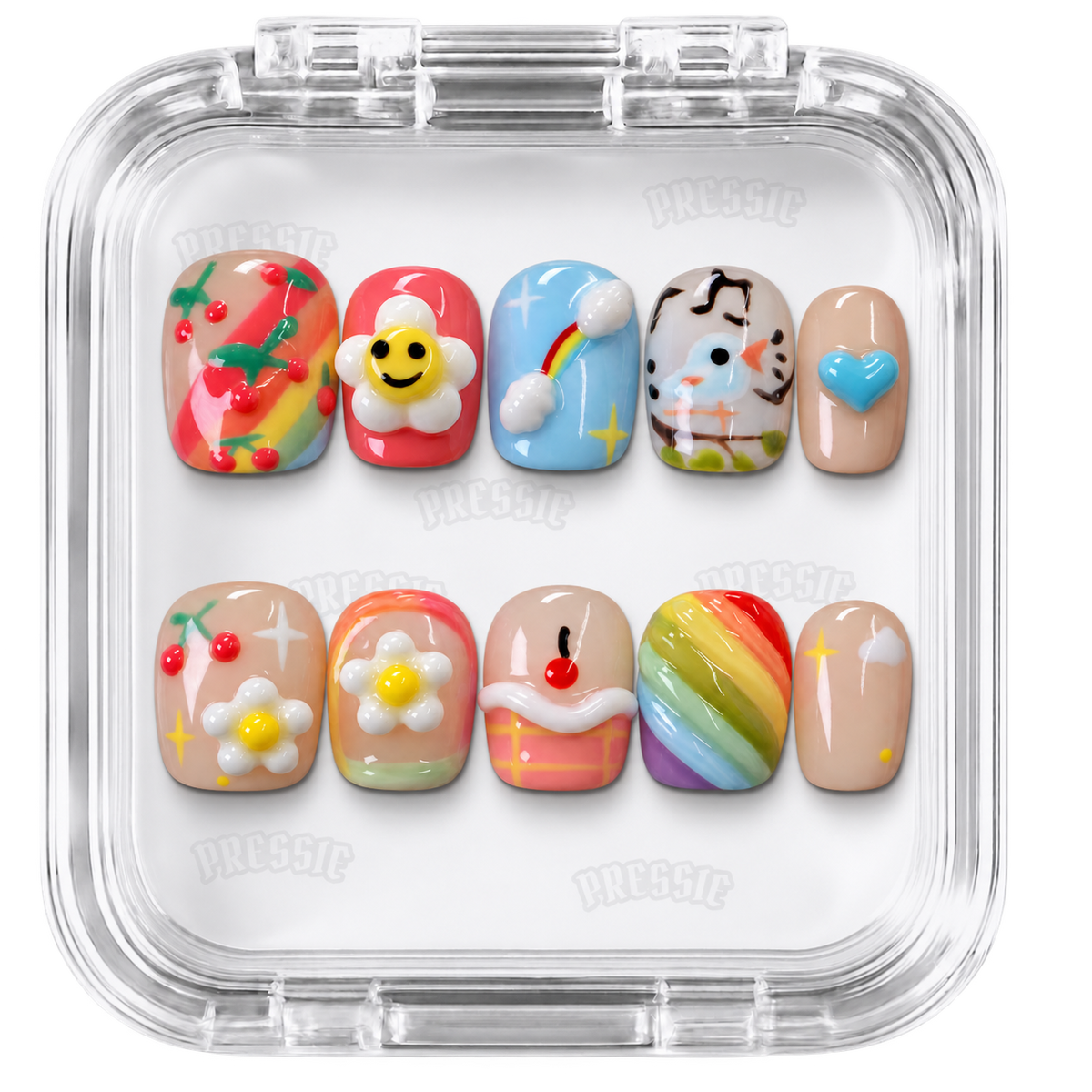 Faux ongles kawaii multicolores 3D | Maria Niji — PRESSIE NAILS