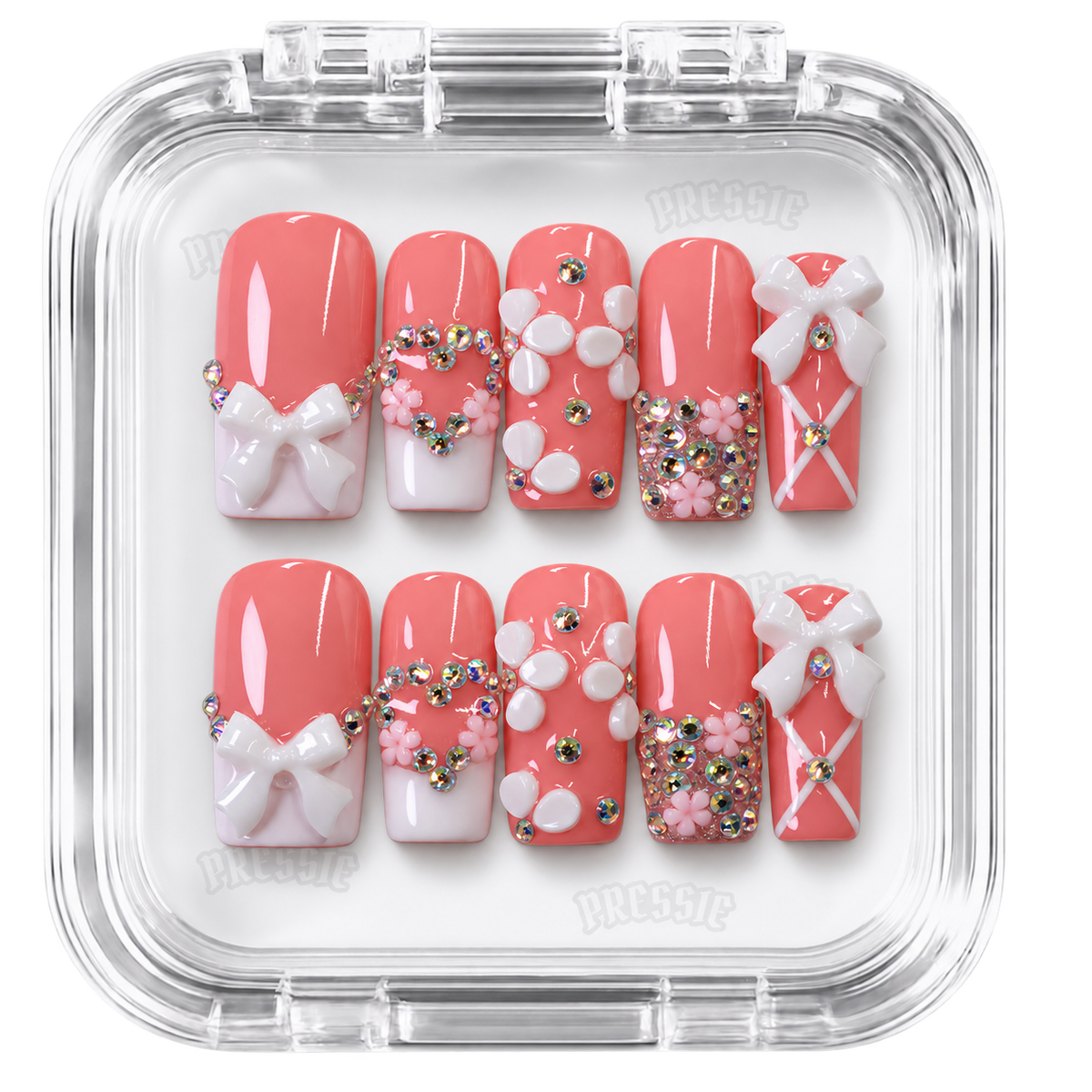 Faux ongles rose nœuds 3D strass | Baddie Pinku — PRESSIE NAILS