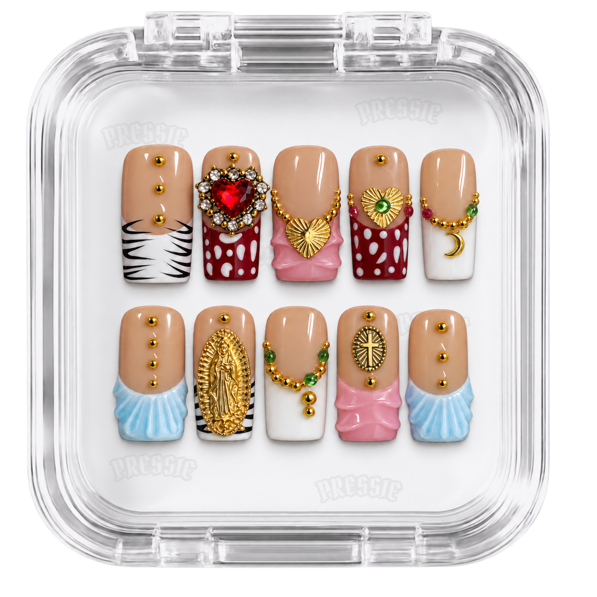 Faux ongles nude bijoux dorés cœur rouge | Accendio — PRESSIE NAILS