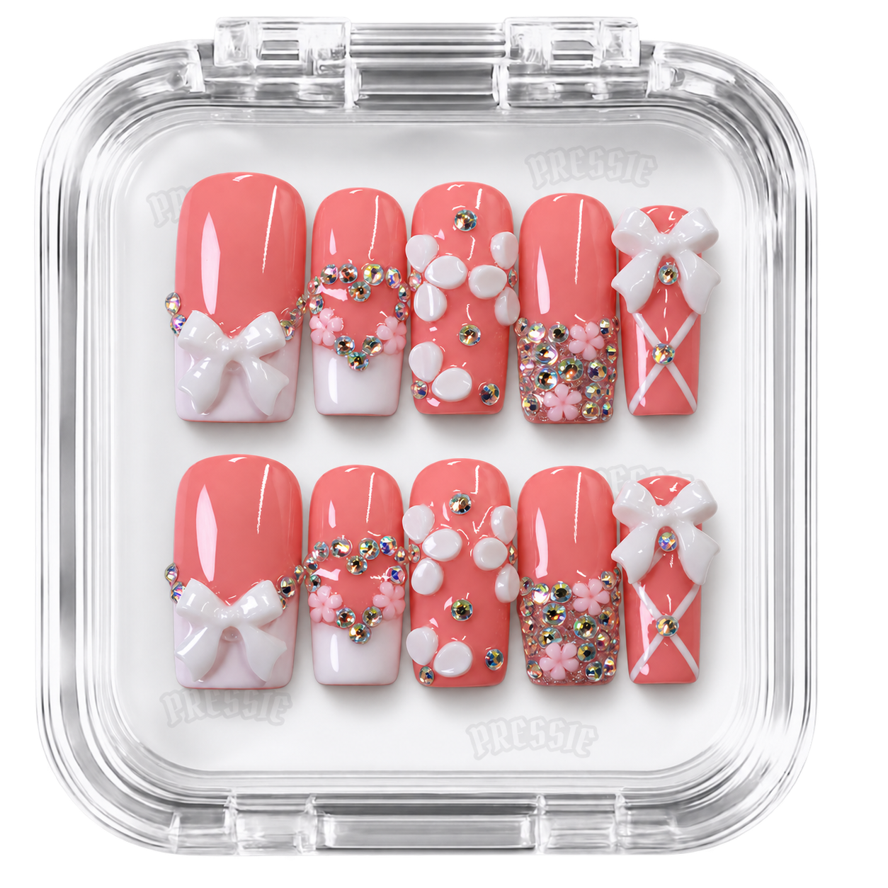 Faux ongles rose nœuds 3D strass | Baddie Pinku — PRESSIE NAILS