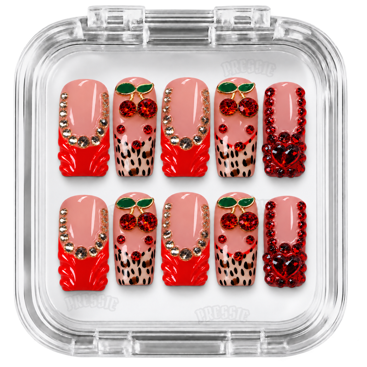 Faux ongles rose cerises léopard strass rouges | Reopardo — PRESSIE NAILS