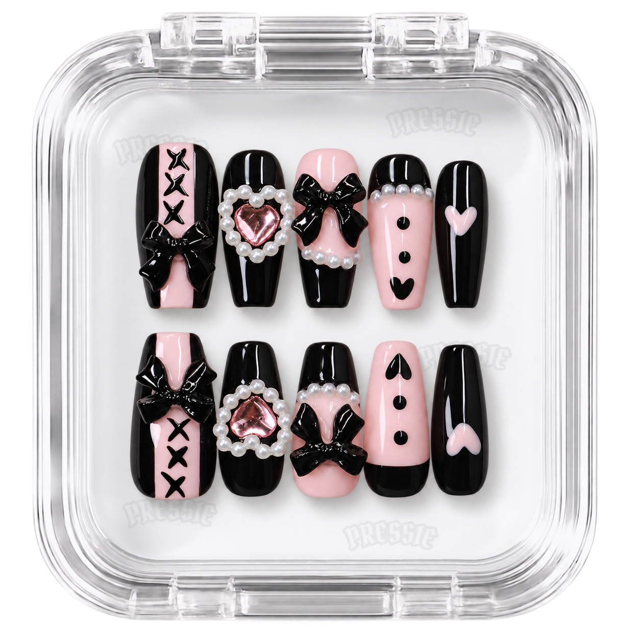 Faux ongles noir rose nœuds cœur strass | Yaoko — PRESSIE NAILS