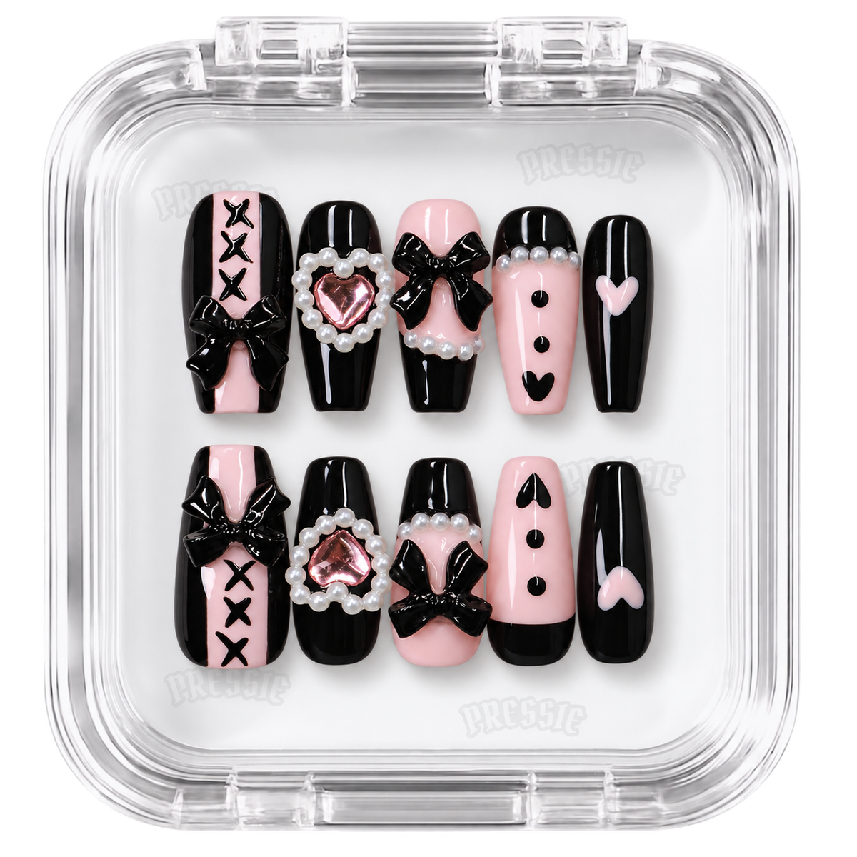 Faux ongles noir rose nœuds cœur strass | Yaoko — PRESSIE NAILS