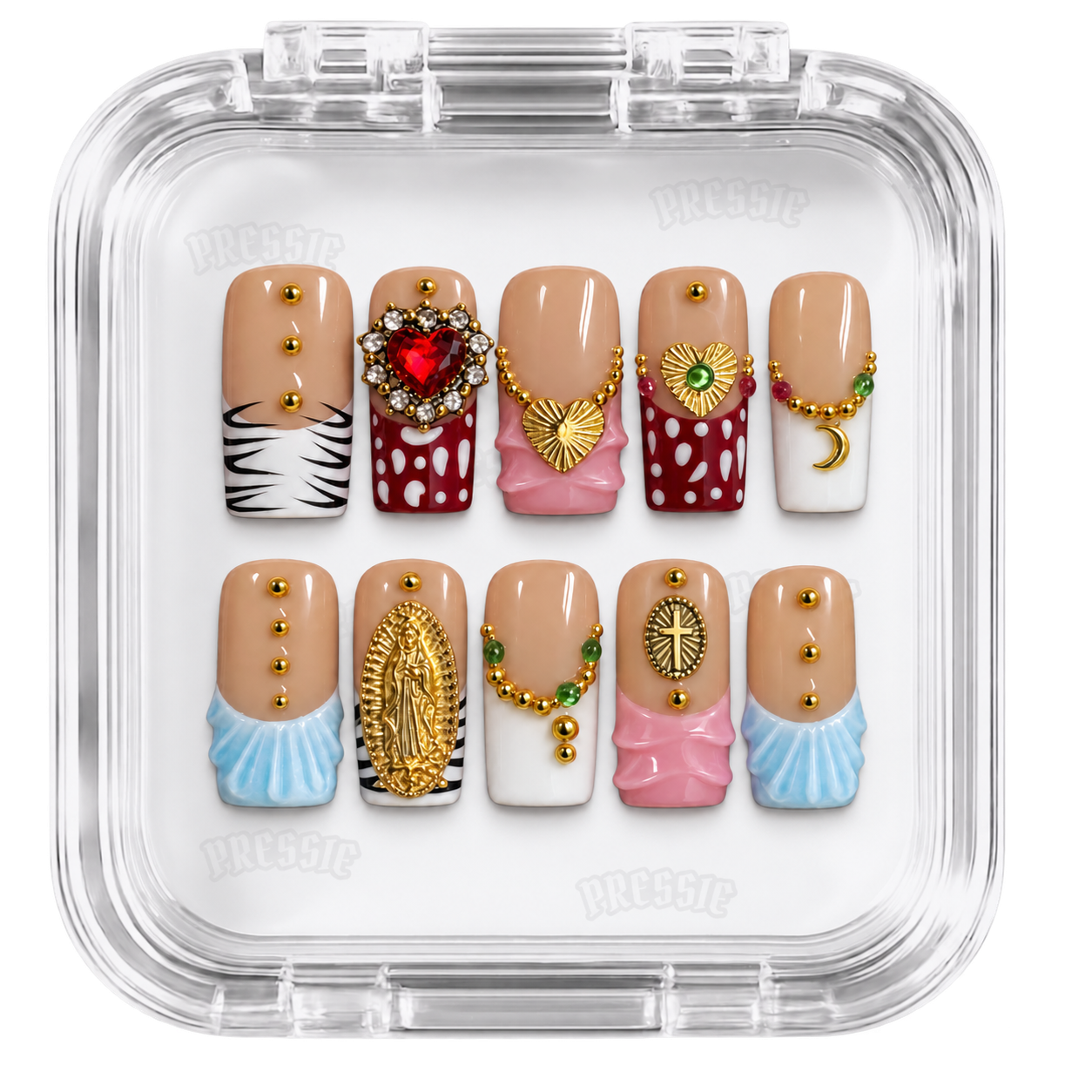 Faux ongles nude bijoux dorés cœur rouge | Accendio — PRESSIE NAILS