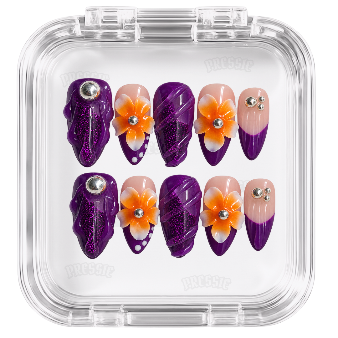 Faux ongles violet fleurs orange 3D | Murasaki Tahiti — PRESSIE NAILS
