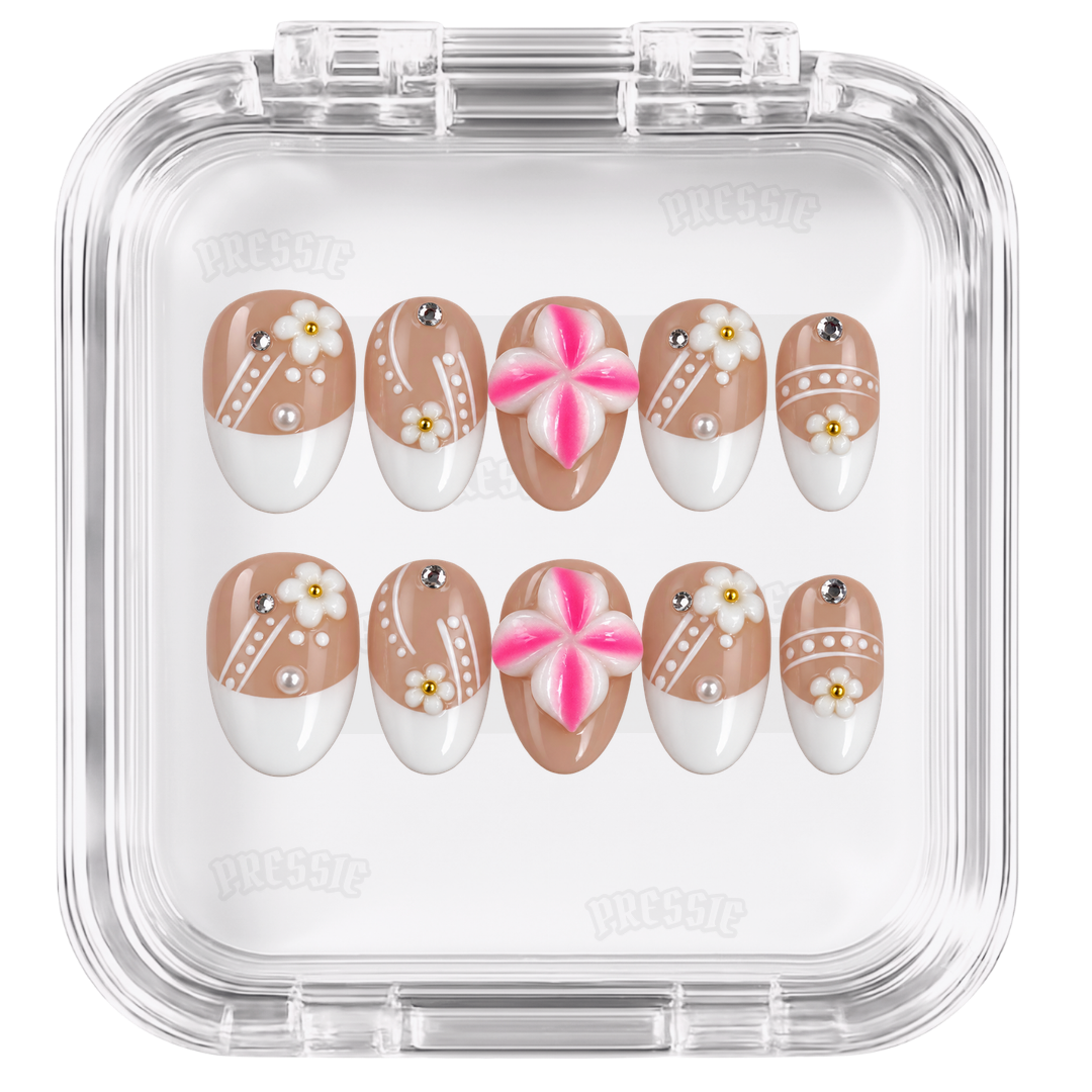 Faux ongles blancs fleurs 3D perles | Shiro Tahiti — PRESSIE NAILS