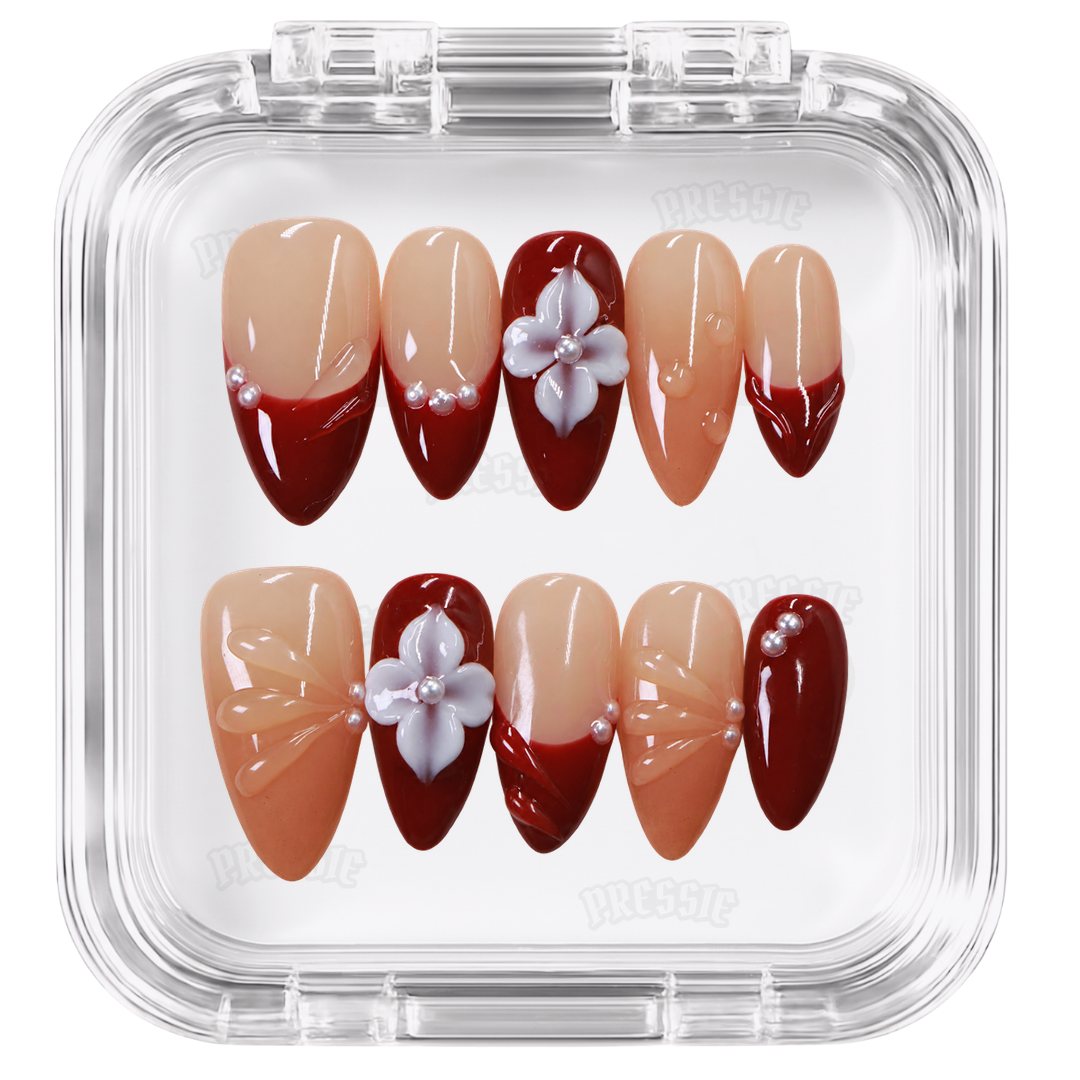 Faux ongles bordeaux nude fleurs 3D | Automne — PRESSIE NAILS